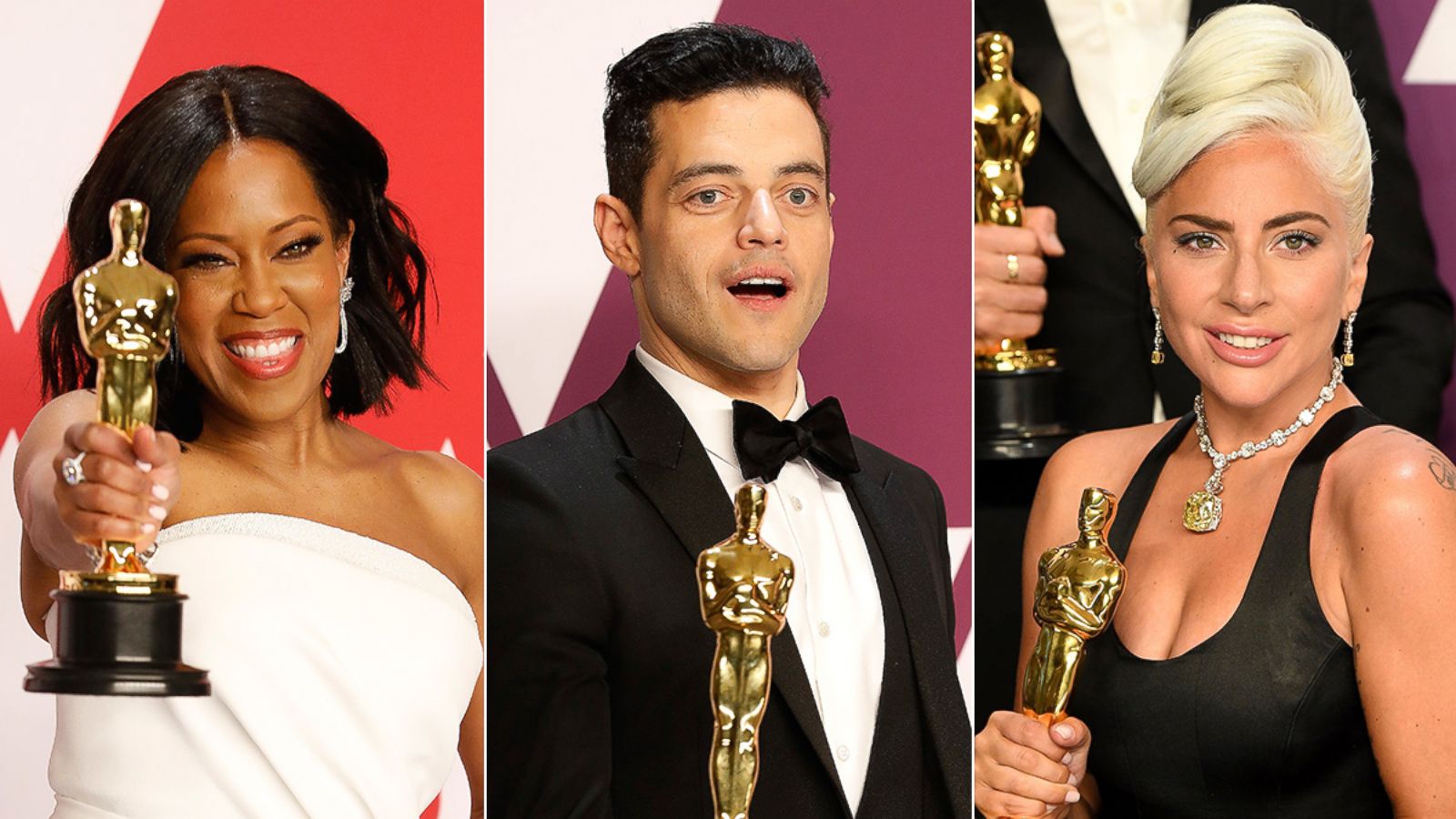 PHOTO: Regina King, Rami Malek and Lady Gaga hold at the 91st Annual Academy Awards in Hollywood, Calif., Feb. 24, 2019.