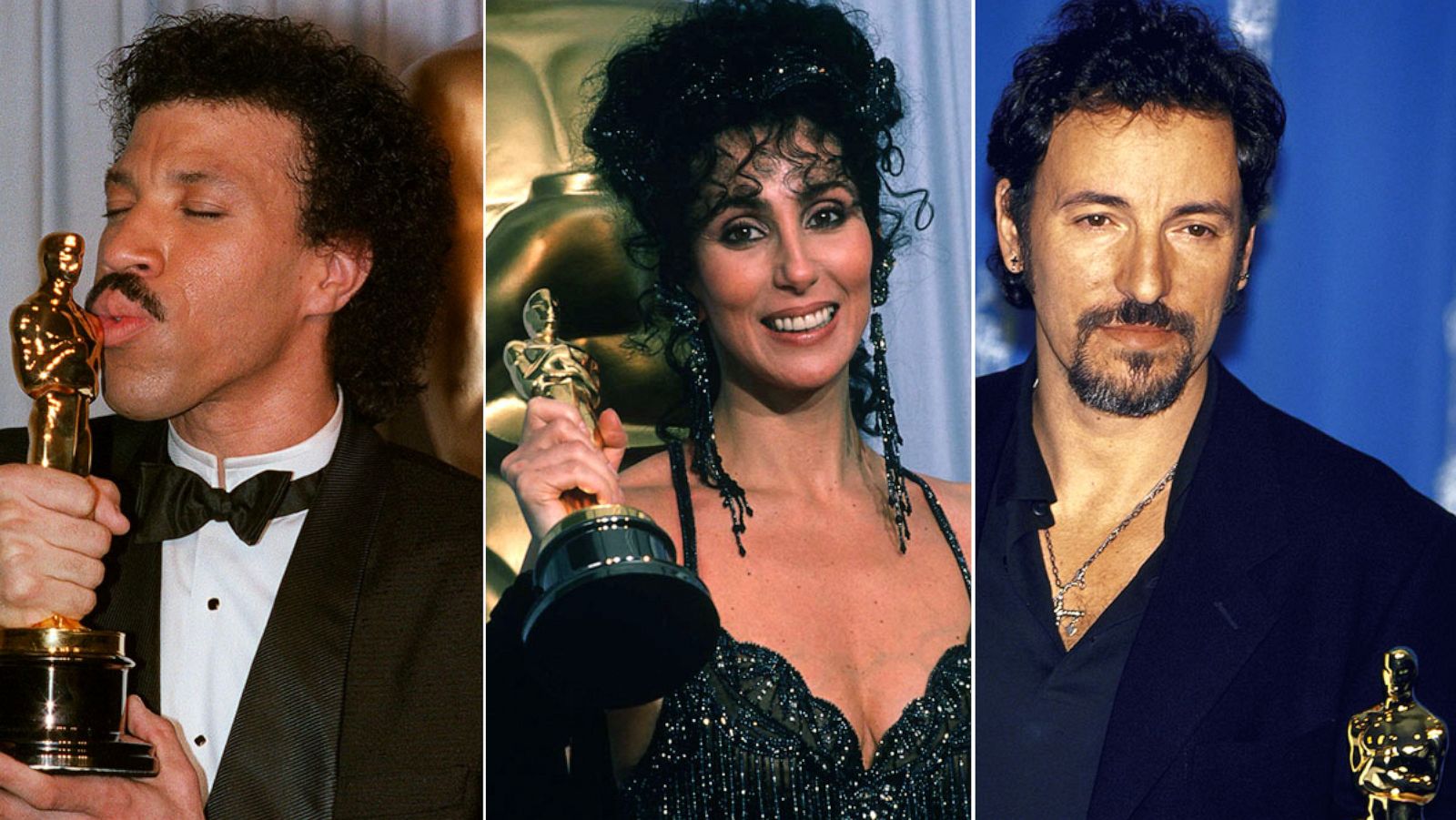 PHOTO: Lionel Richie kisses his Oscar at the 58th Annual Academy Awards, 1986. Cher holds her Best Actress in a Leading Role Oscar for "Moonstruck" at the Academy Awards, 1988. Bruce Springsteen holding his Oscar at the Academy Awards, March 21, 1994.