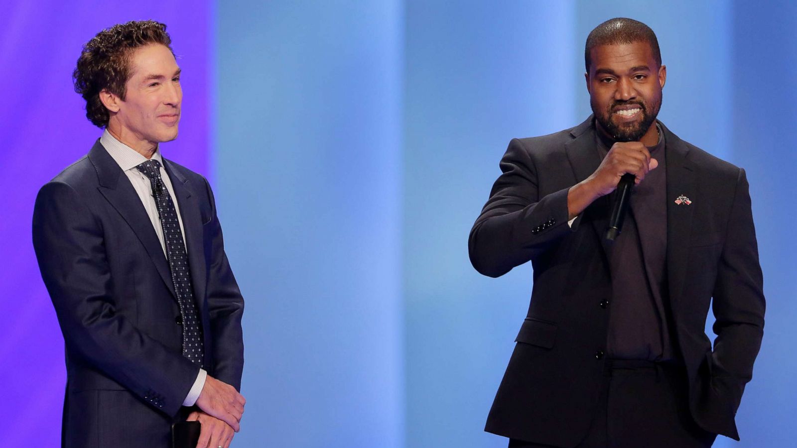 PHOTO: Rapper Kanye West, right, answers questions from Joel Osteen, left, during a service at Lakewood Church, Nov. 17, 2019, in Houston.