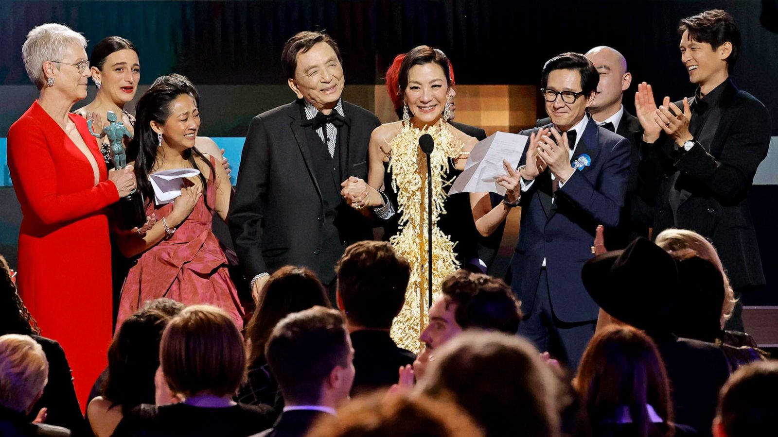 PHOTO: Cast of movie "Everything Everywhere All at Once" accept the Outstanding Performance in a Motion Picture award during the 29th Annual Screen Actors Guild Awards at Fairmont Century Plaza, Feb. 26, 2023 in Los Angeles, Calif.