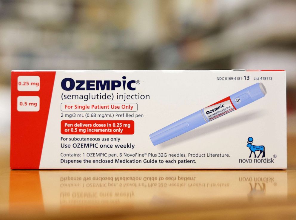 PHOTO: A box of the diabetes drug Ozempic rests on a pharmacy counter, April 17, 2023, in Los Angeles.