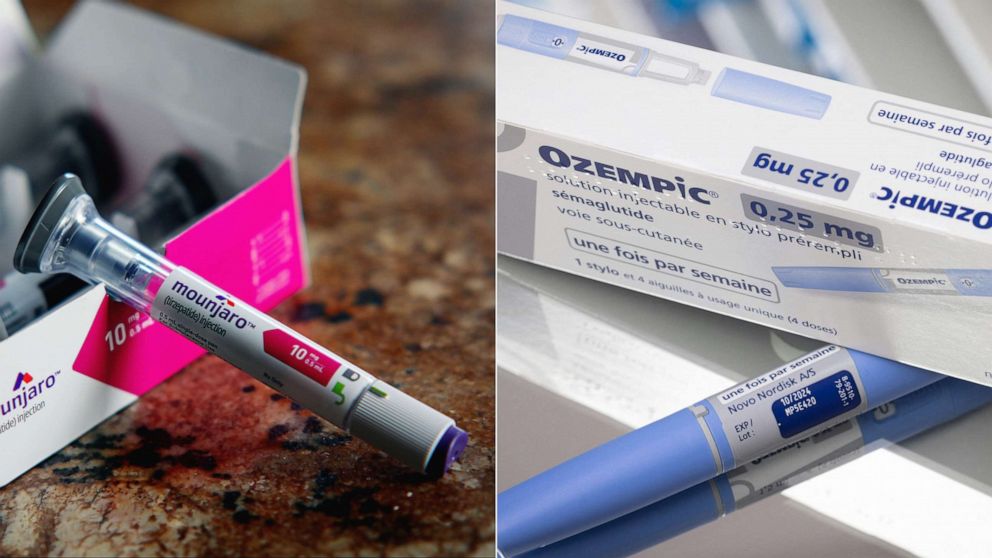 PHOTO: This split image shows a Mounjaro injection pen on Nov. 30, 2022, and the anti-diabetic medication Ozempic (semaglutide) on Feb. 2023.