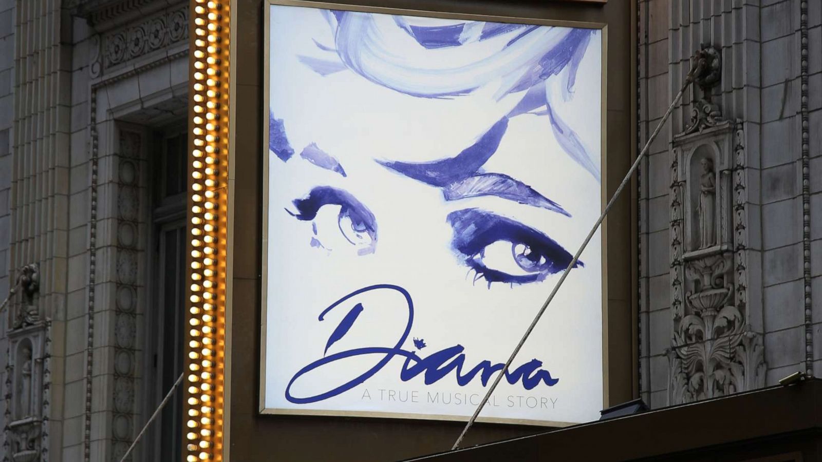 PHOTO: Theatre marquee for "Diana - A True Musical Story", a musical about Princess Diana, at the Longacre Theatre on Jan. 13, 2020 in New York City.