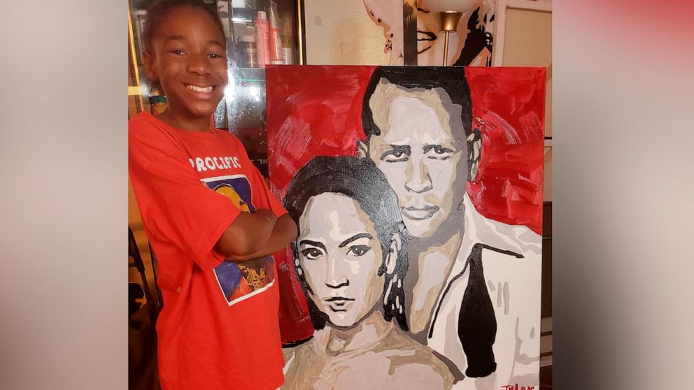 PHOTO: Tyler Gordon, 12, of San Jose, California, has been painting for two years. On April 28, Tyler tweeted a timelapse video of himself completing his J.Lo and A-Rod creation. 
