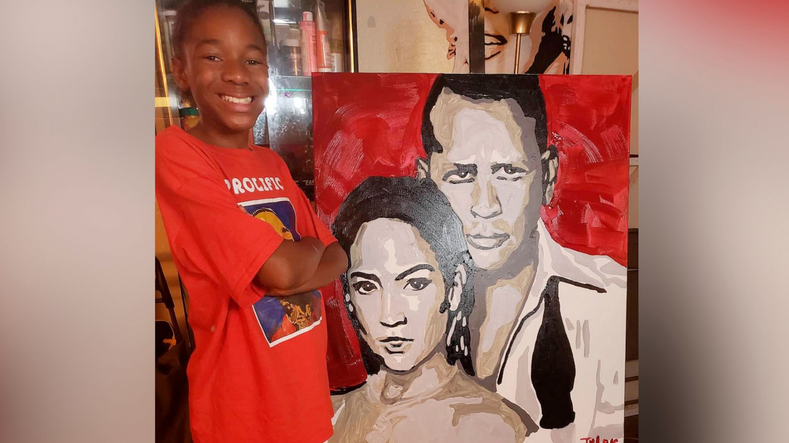 PHOTO: Tyler Gordon, 12, of San Jose, California, has been painting for two years. On April 28, Tyler tweeted a timelapse video of himself completing his J.Lo and A-Rod creation.