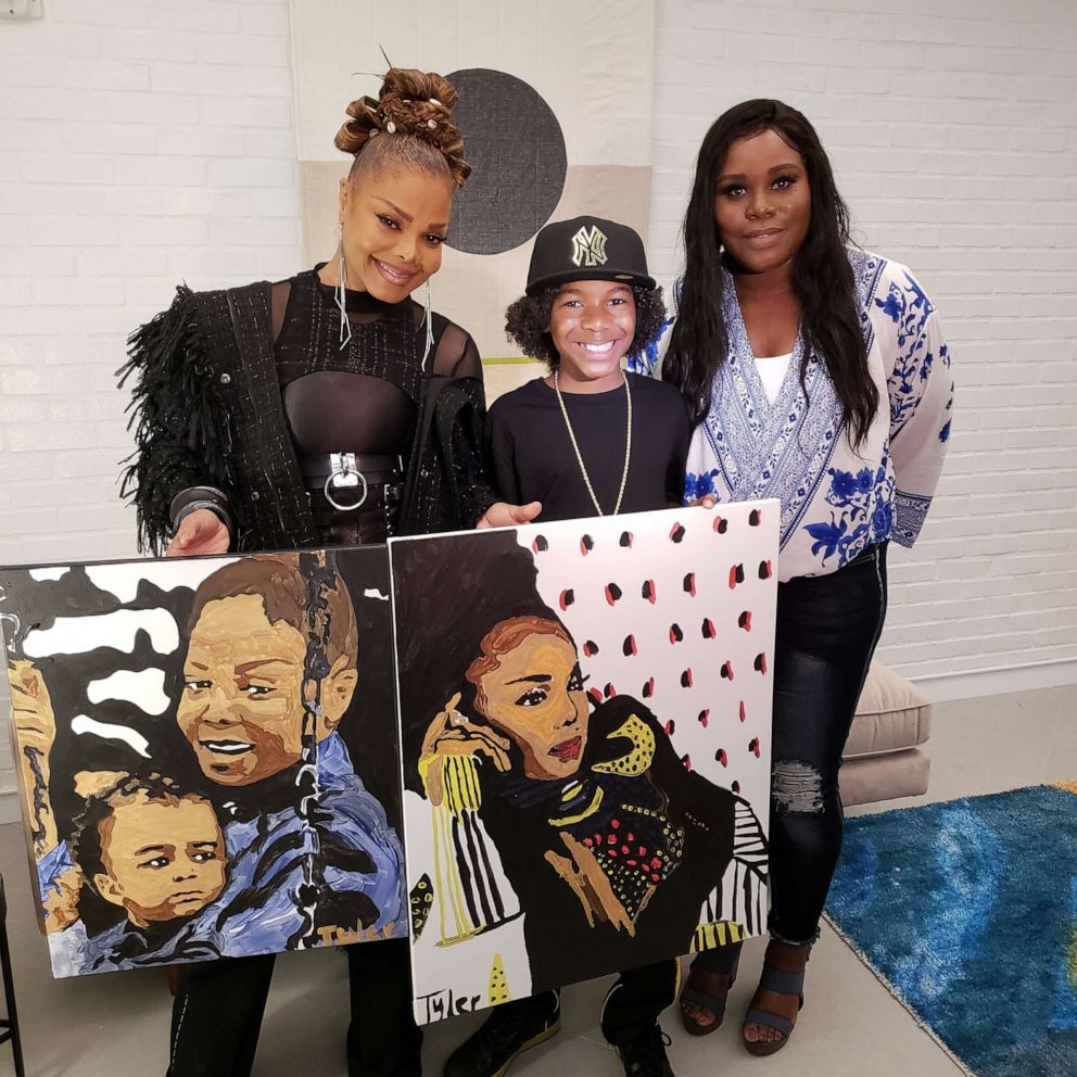 PHOTO: Tyler Gordon, 12, is seen in an undated photo with Janet Jackson and his mother Nicole Kindle, as he gifts Jackson with a portrait he painted of her.