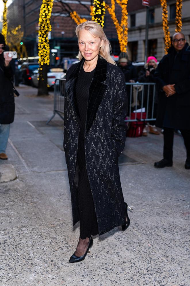 PHOTO: Pamela Anderson is seen wearing Chanel arriving at Live with Kelly & Mark in the Upper West Side, Jan. 8, 2025, in New York.