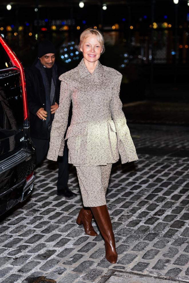 PHOTO: Pamela Anderson is seen wearing Tory Burch Resort 25 attending a screening of 'The Last Showgirl' at the SoHo House, Jan. 7, 2025, in New York. 