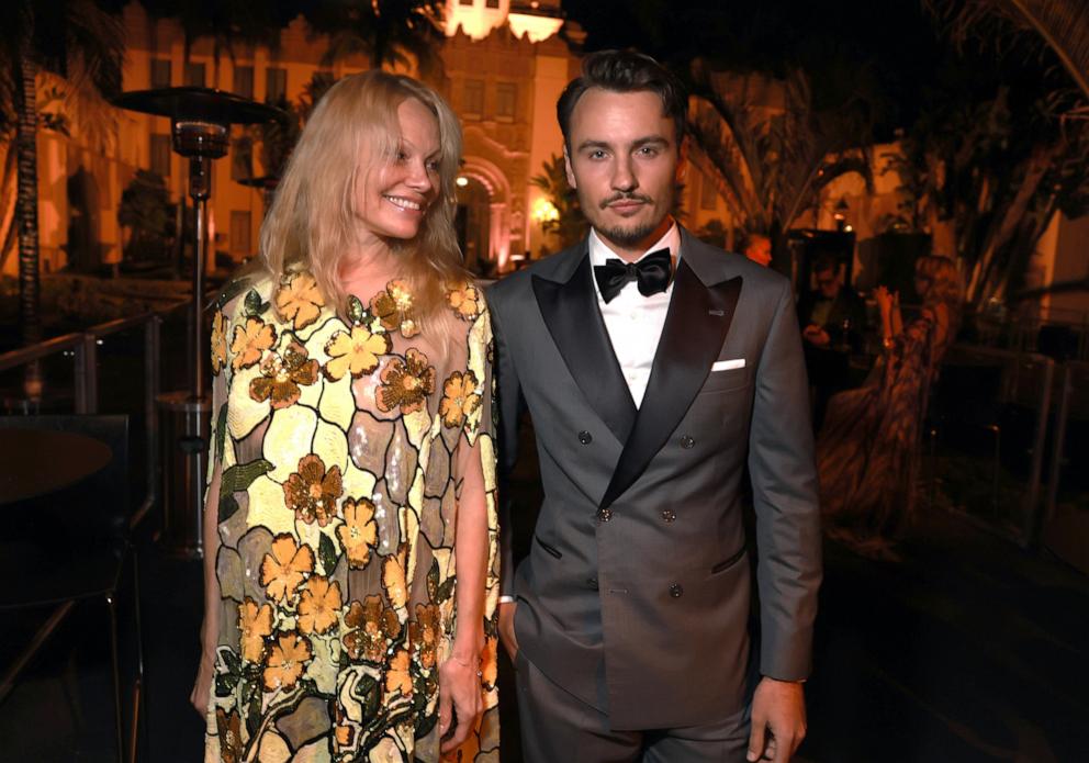 PHOTO: In this March 10, 2024, file photo, Pamela Anderson and Brandon Thomas Lee attend the 2024 Vanity Fair Oscar Party Hosted By Radhika Jones at Wallis Annenberg Center for the Performing Arts in Beverly Hills, Calif.