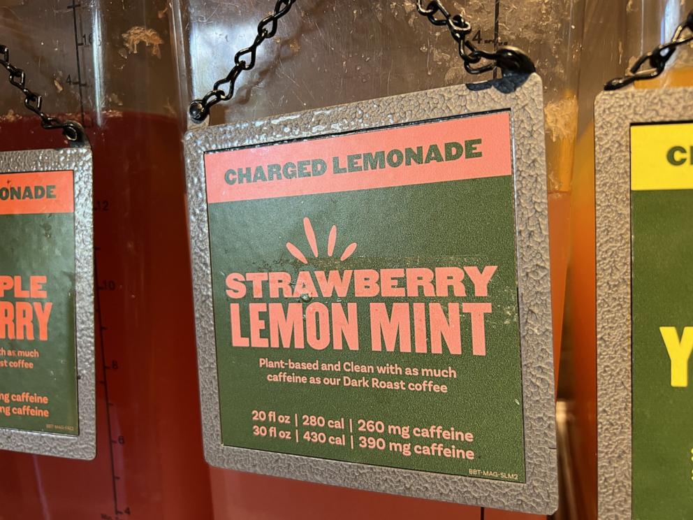 PHOTO: Dispensers for Charged Lemondade, a caffeinated lemonade drink at Panera Bread, are seen, March 27, 2023, Walnut Creek, Calif. 