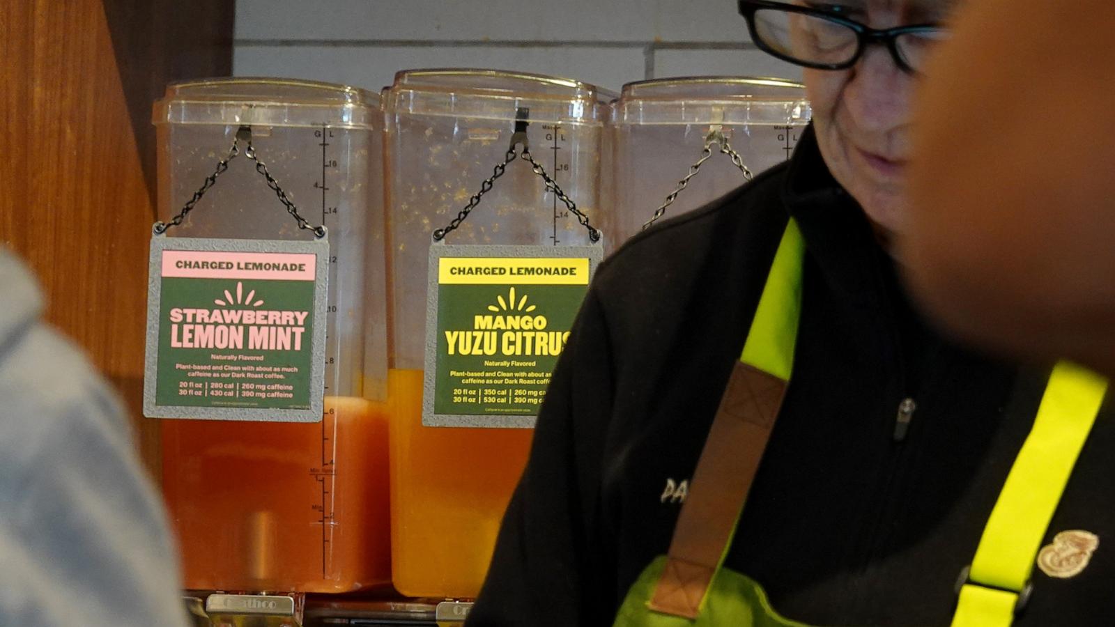 PHOTO: A charged lemonade dispenser is seen at a Panera Bread restaurant, Nov. 1, 2023, in Novato, Calif.