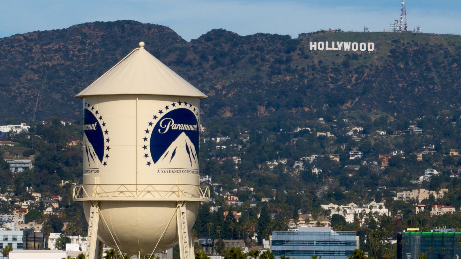 PHOTO: The Paramount Pictures water tower is seen in Los Angeles, Dec. 18, 2025, with the Hollywood sign in the distance.