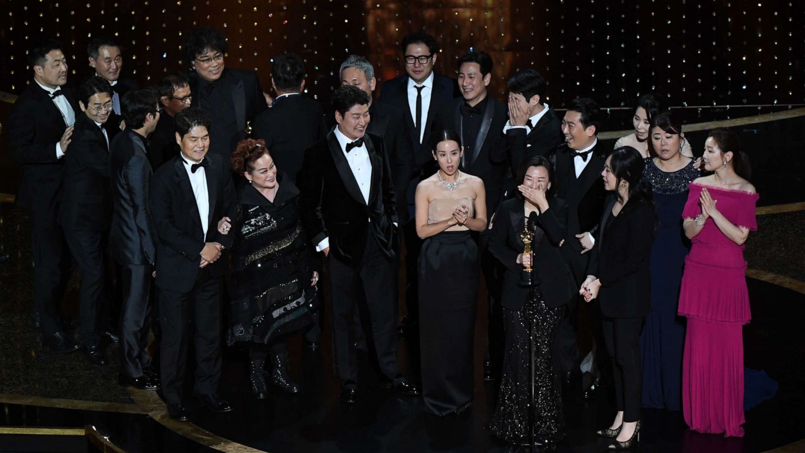 PHOTO: "Parasite" cast and crew accept the award for Best Picture for "Parasite" during the 92nd Oscars at the Dolby Theatre in Hollywood, Calif., Feb. 9, 2020.