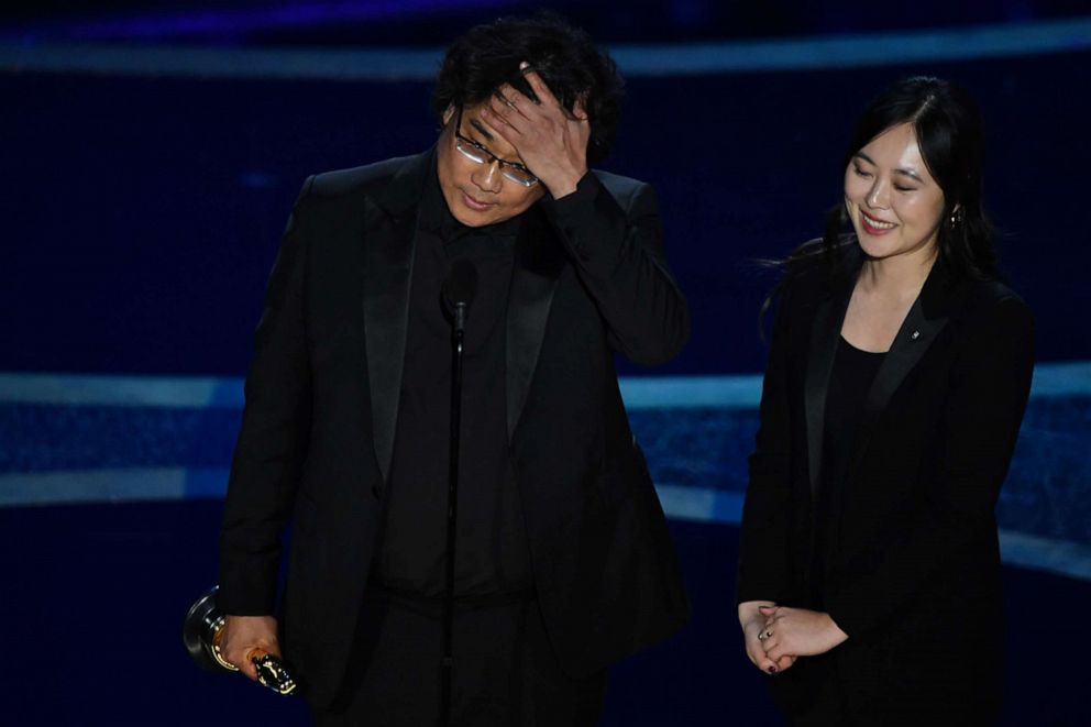 PHOTO: South Korean film director Bong Joon Ho accepts the award for Best Director for "Parasite" during the 92nd Oscars at the Dolby Theatre in Hollywood, Calif., on Feb. 9, 2020.