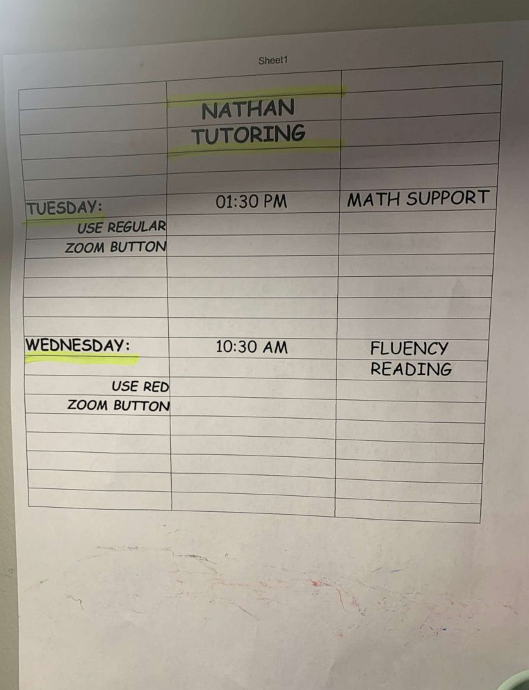 PHOTO: Jane Minovskaya of Charlotte, North Carolina, shares a photo of her 7-year-old nephew Nathan's tutoring schedule amid the COVID-19 pandemic.