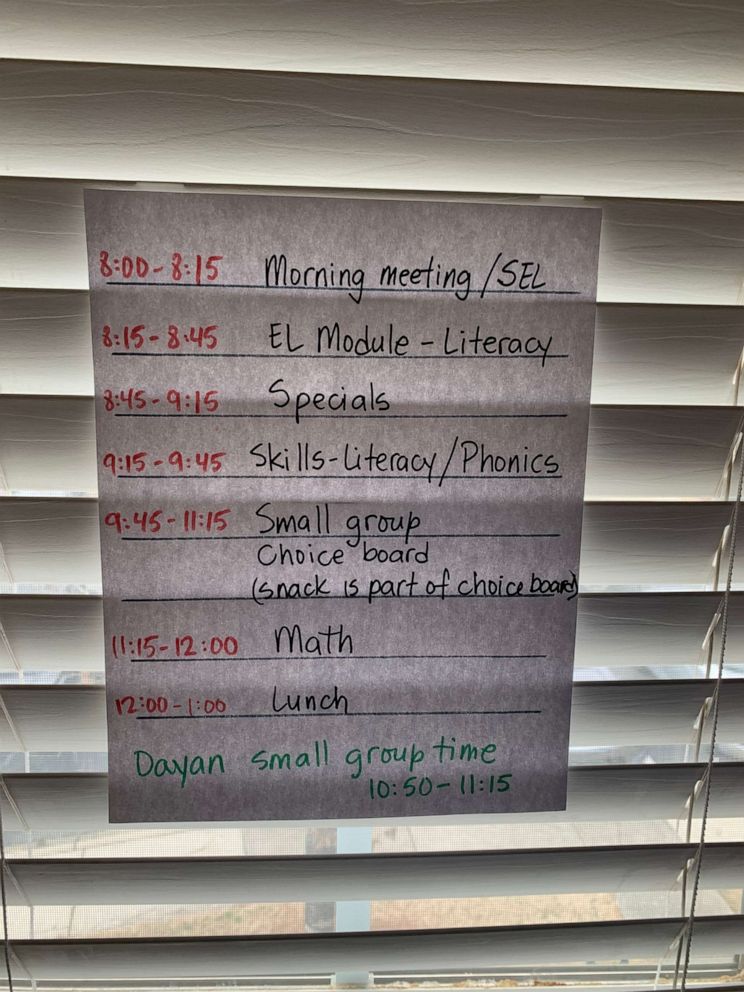 PHOTO: Jane Minovskaya of Charlotte, North Carolina, shares a photo of her nephew's remote learning schedule amid the COVID-19 pandemic. 