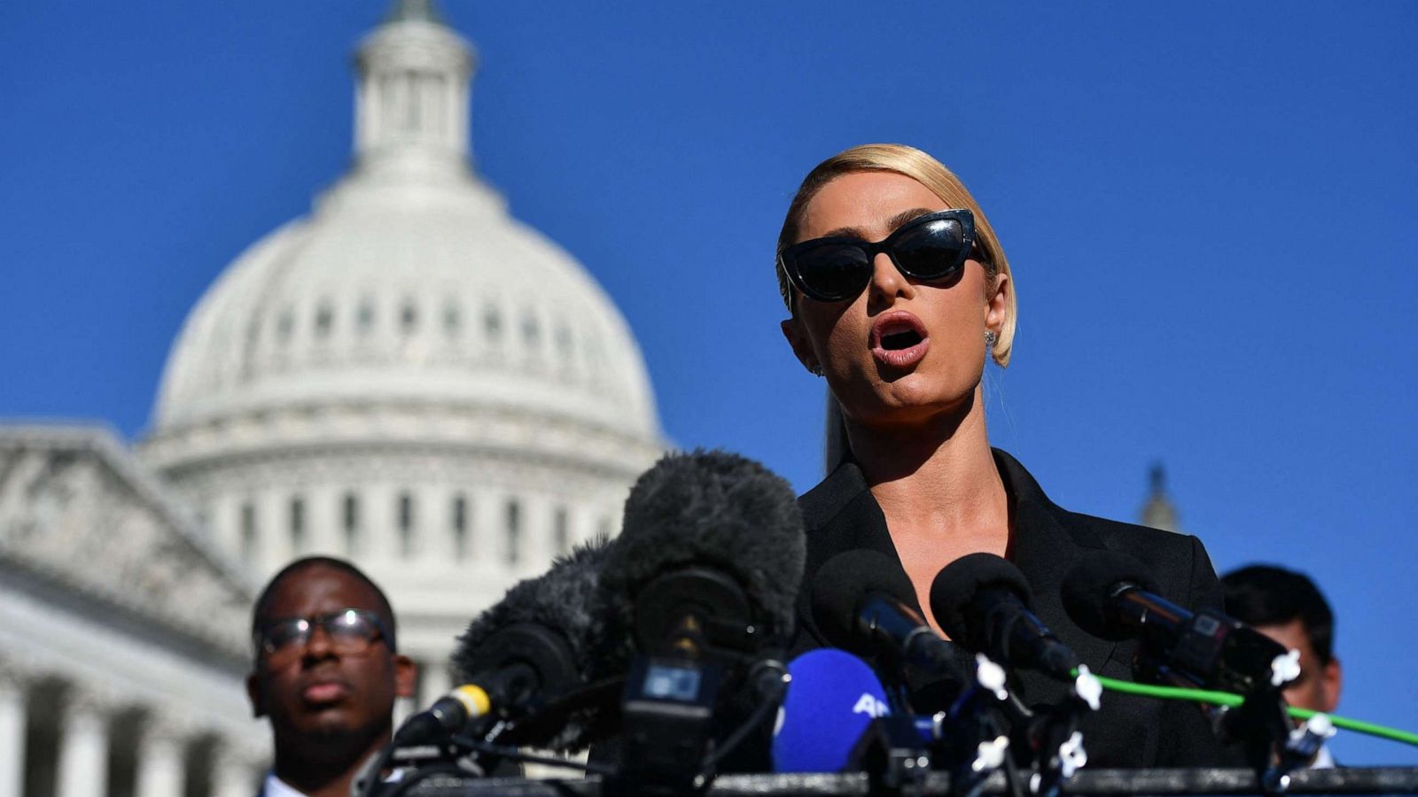 PHOTO: Paris Hilton speaks on upcoming legislation to establish a bill of rights to protect children placed in congregate care facilities, at the US Capitol in Washington, DC, Oct. 20, 2021.