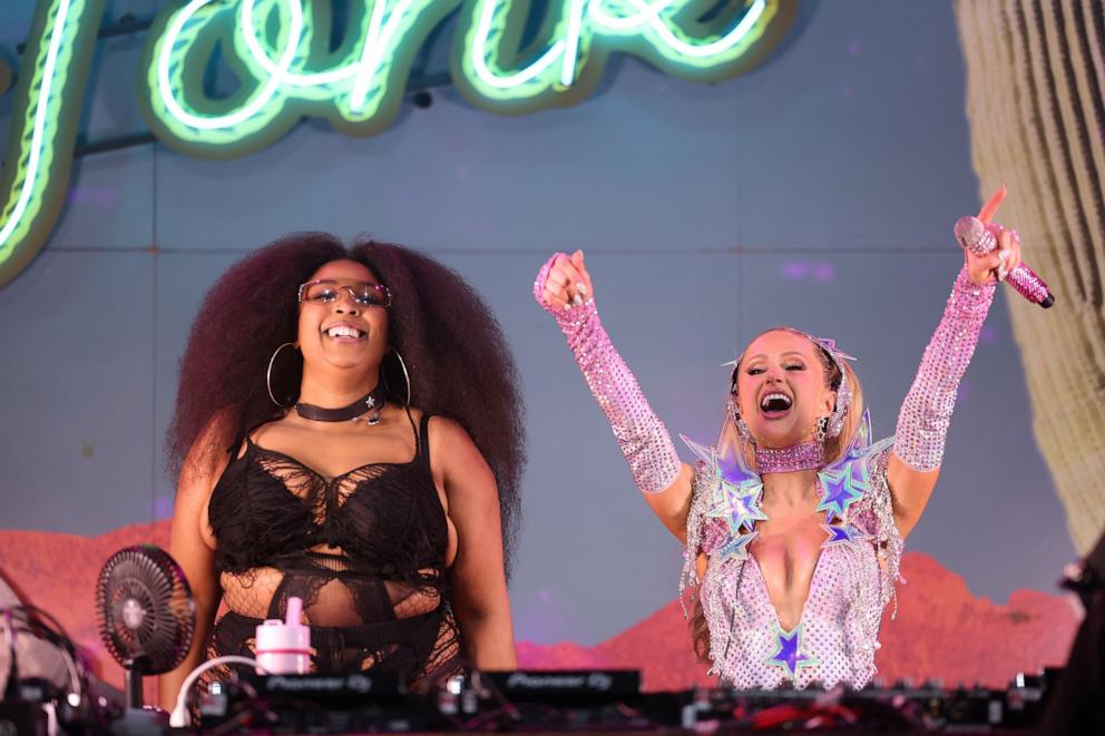 PHOTO: Lizzo and Paris Hilton perform at Diplo's HonkyTonk during the 2025 Stagecoach Festival, on April 25, 2025, in Indio, Calif.