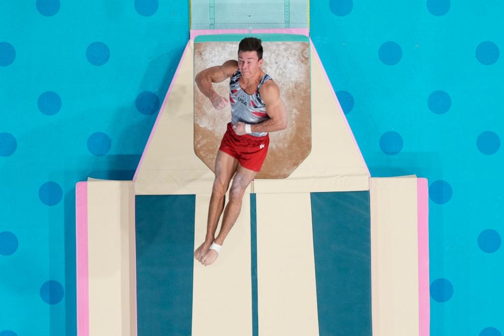 PHOTO: Brody Malone of the U.S. performs on the vault during the men's artistic gymnastics team finals at the 2024 Paris Olympics, July 29, 2024.