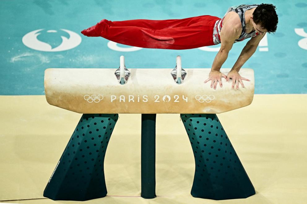 PHOTO: Stephen Nedoroscik of the U.S. performs on the pommel horse during the men's artistic gymnastics team finals at the 2024 Paris Olympics, July 29, 2024.