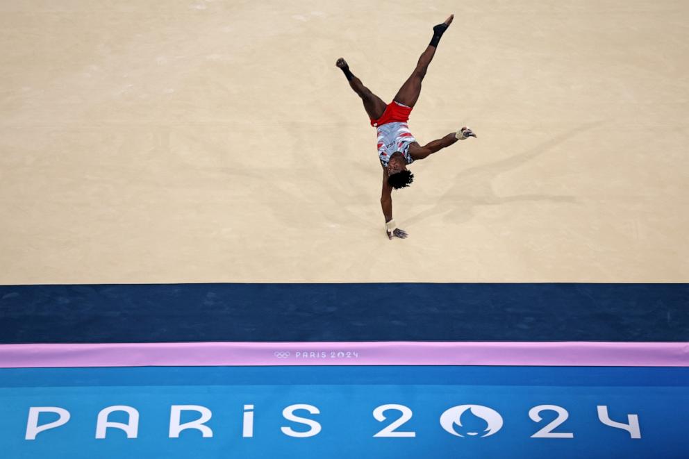 PHOTO: Frederick Richard of the U.S. performs his floor exercise routine during the men's artistic gymnastics team finals at the 2024 Paris Olympics, July 29, 2024.