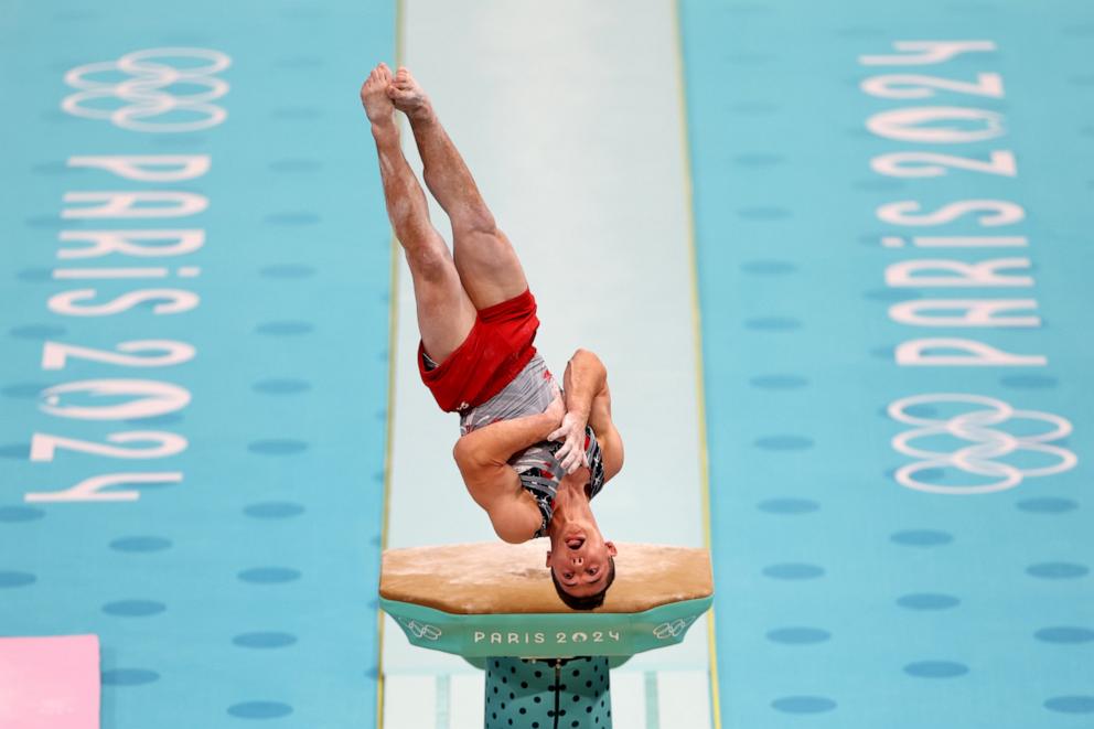 PHOTO: Paul Juda of the U.S. performs on the vault during the men's artistic gymnastics team finals at the 2024 Paris Olympics, July 29, 2024.