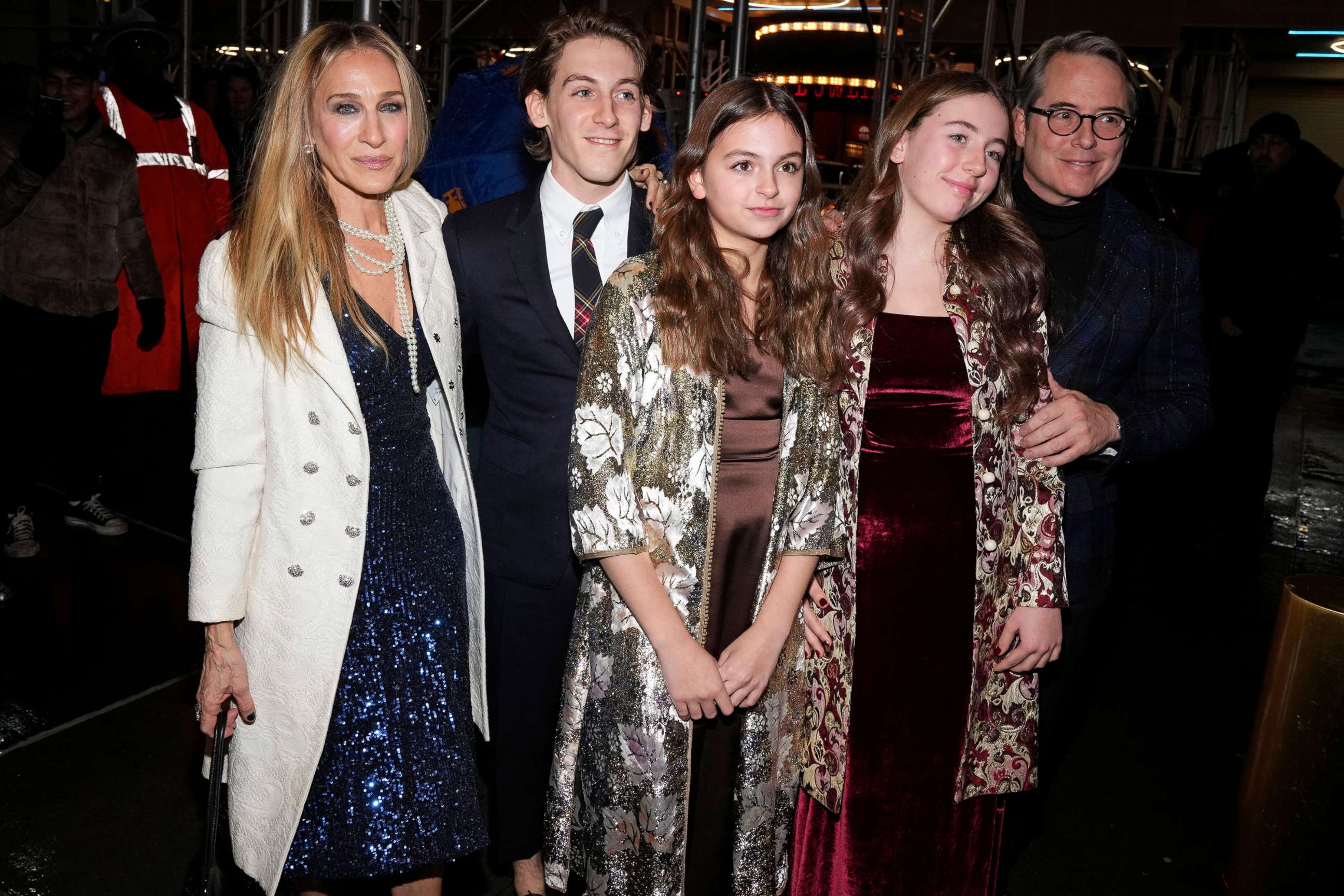 PHOTO: Sarah Jessica Parker, left, James Wilkie Broderick, Tabitha Hodge Broderick, Marion Loretta Elwell Broderick and Matthew Broderick attend the Broadway musical "Some Like It Hot" opening night at the Shubert Theatre on Dec. 11, 2022, in New York.
