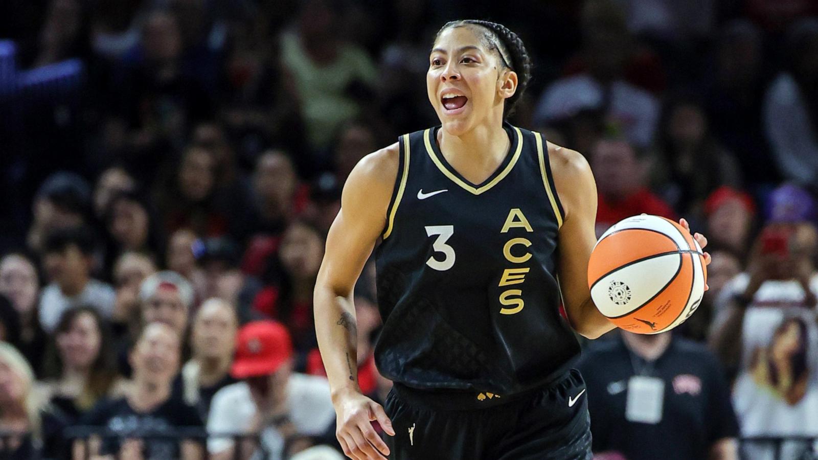 PHOTO: Candace Parker brings the ball up the court against the Indiana Fever in the fourth quarter of their game at Michelob ULTRA Arena on June 24, 2023 in Las Vegas.