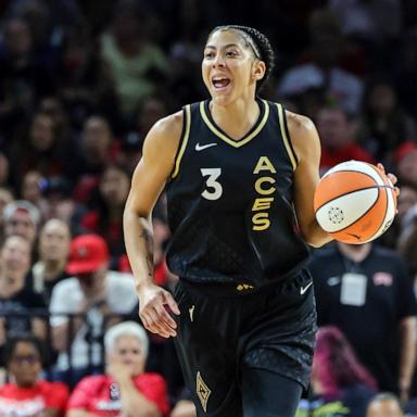 PHOTO: Candace Parker brings the ball up the court against the Indiana Fever in the fourth quarter of their game at Michelob ULTRA Arena on June 24, 2023 in Las Vegas.