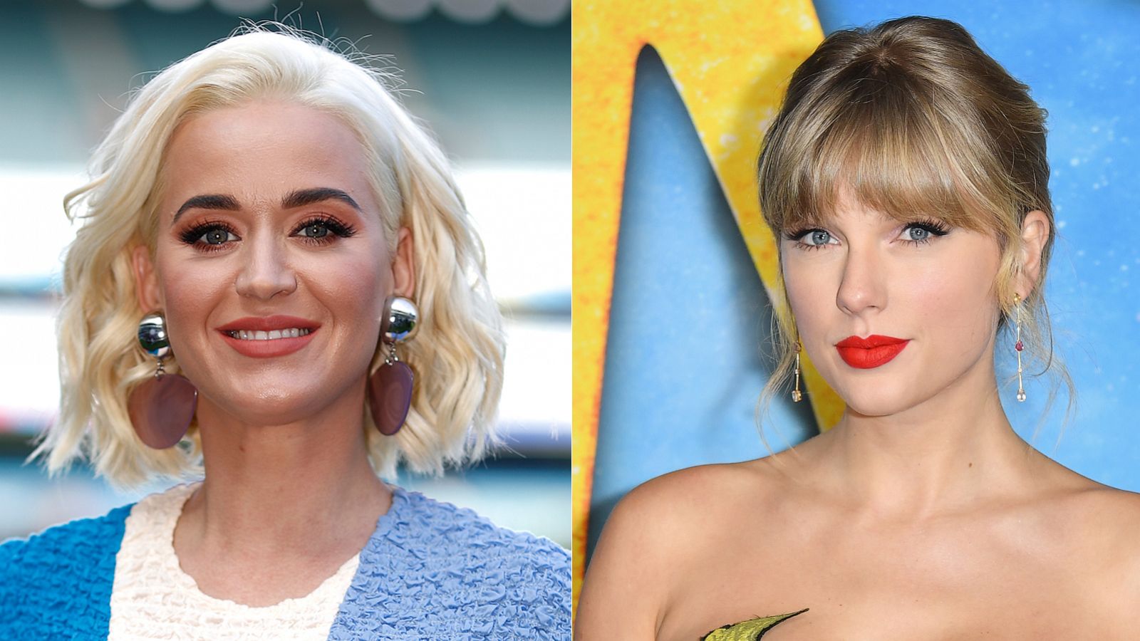 PHOTO: Katy Perry poses during the 2020 ICC Women's T20 World Cup Media Opportunity in Melbourne, Australia. | Taylor Swift arrives for Universal Pictures' world premiere of "Cats" at Alice Tully Hall on Dec. 16, 2019 in New York City.