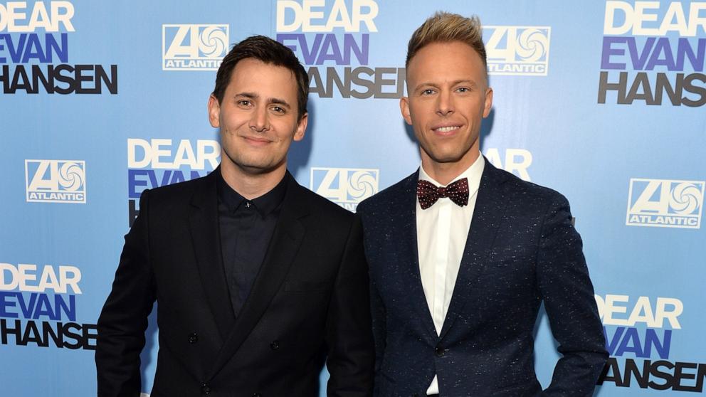 PHOTO: Benj Pasek and Justin Paul attend the "Dear Evan Hansen" opening night at the Noel Coward Theatre on Nov. 19, 2019 in London.