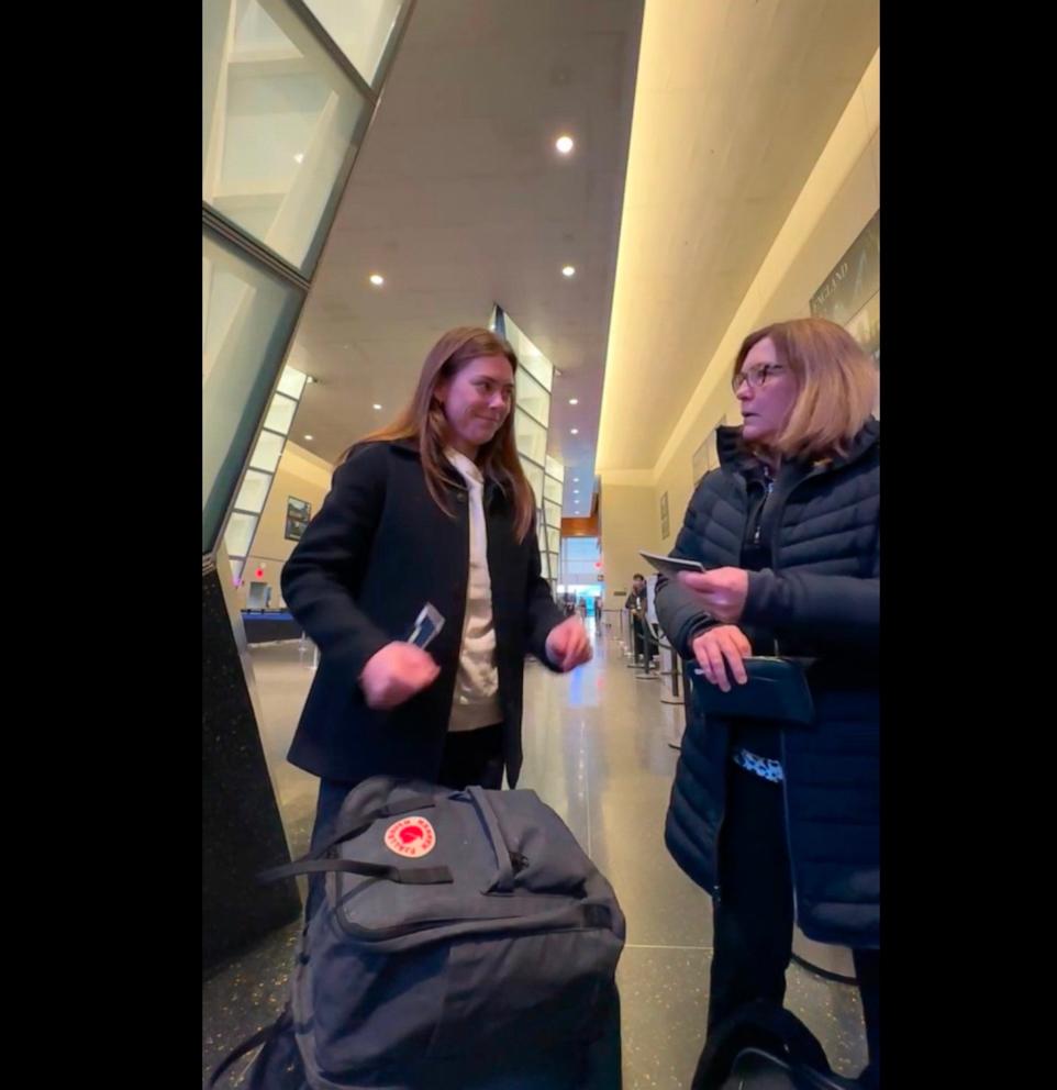 PHOTO: Kathryn Shortsleeve surprised her mom Betsy Shortsleeve with trip to Copenhagen and Paris upon arrival at Boston Logan International Airport.