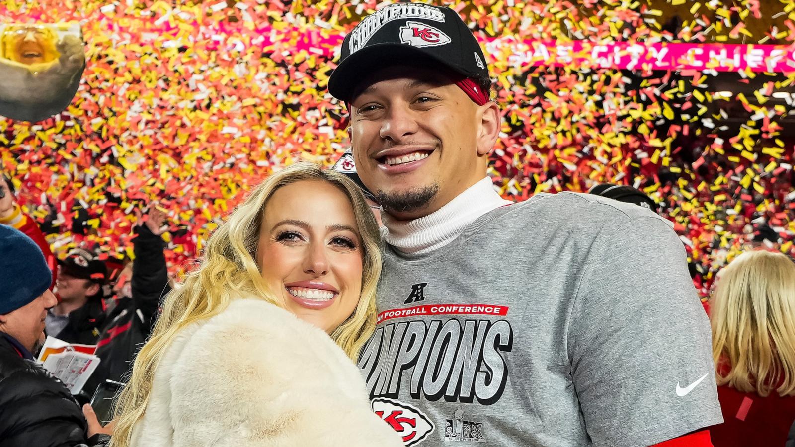 PHOTO: Patrick Mahomes of the Kansas City Chiefs poses for a photo with his wife Brittany Mahomes after the AFC Championship game against the Buffalo Bills, Jan. 26, 2025 in Kansas City, Missouri.