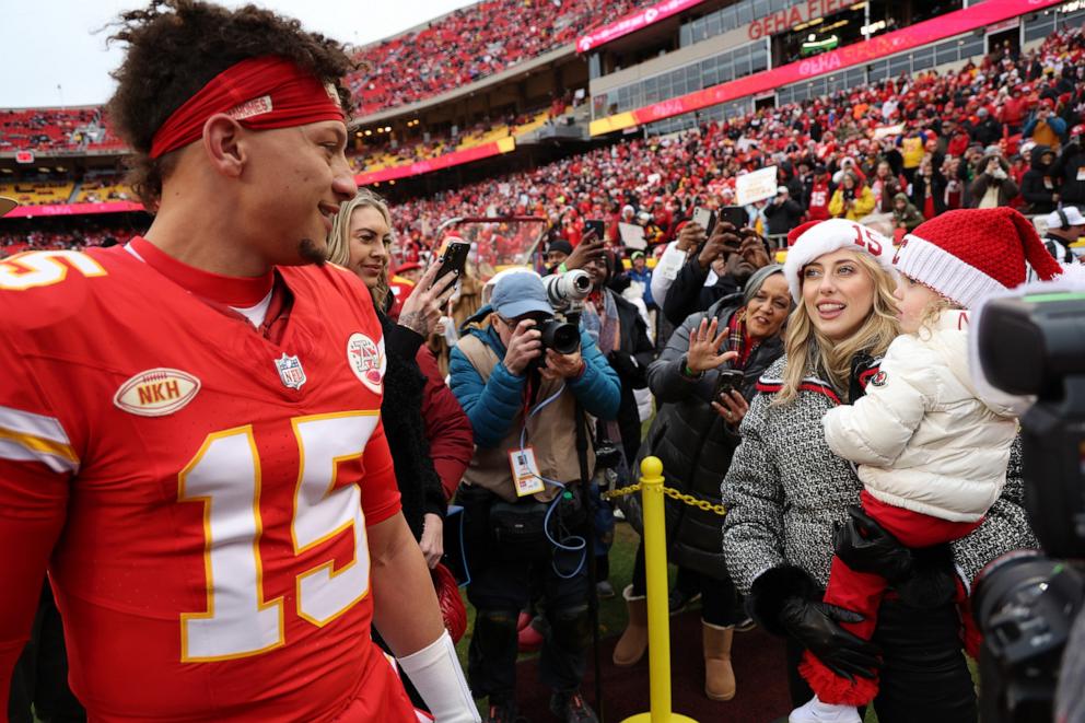 PHOTO: In this Dec. 25, 2023, file photo, Patrick Mahomes of the Kansas City Chiefs greets his wife Brittany and daughter Sterling Skye prior to a game against the Las Vegas Raiders at GEHA Field at Arrowhead Stadium in Kansas City, Missouri. 