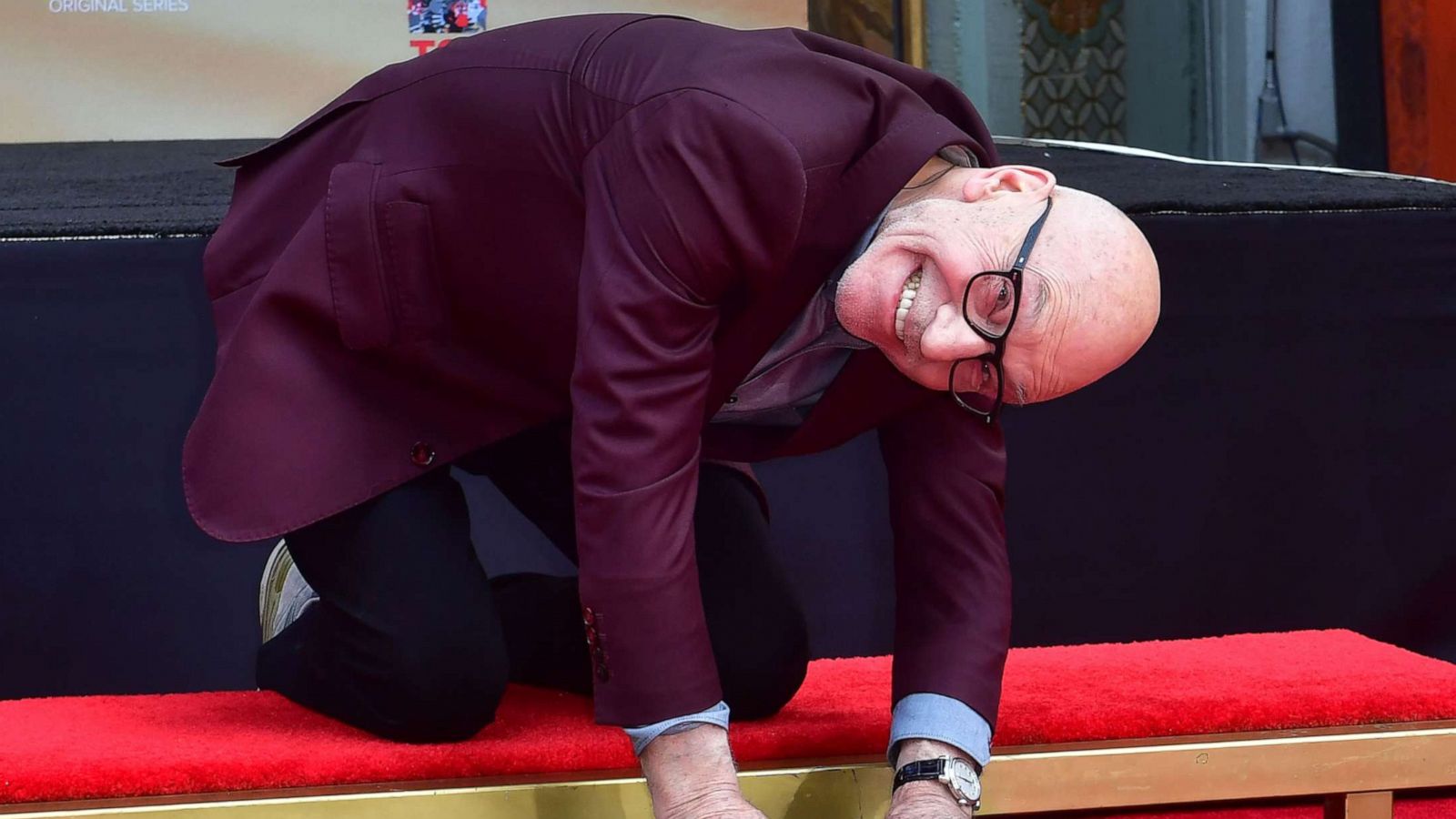 PHOTO: British actor Sir Patrick Stewart poses as he places hands in cement a ceremony honoring him at the Chinese Theater in Hollywood, Calif., Jan. 13, 2020.