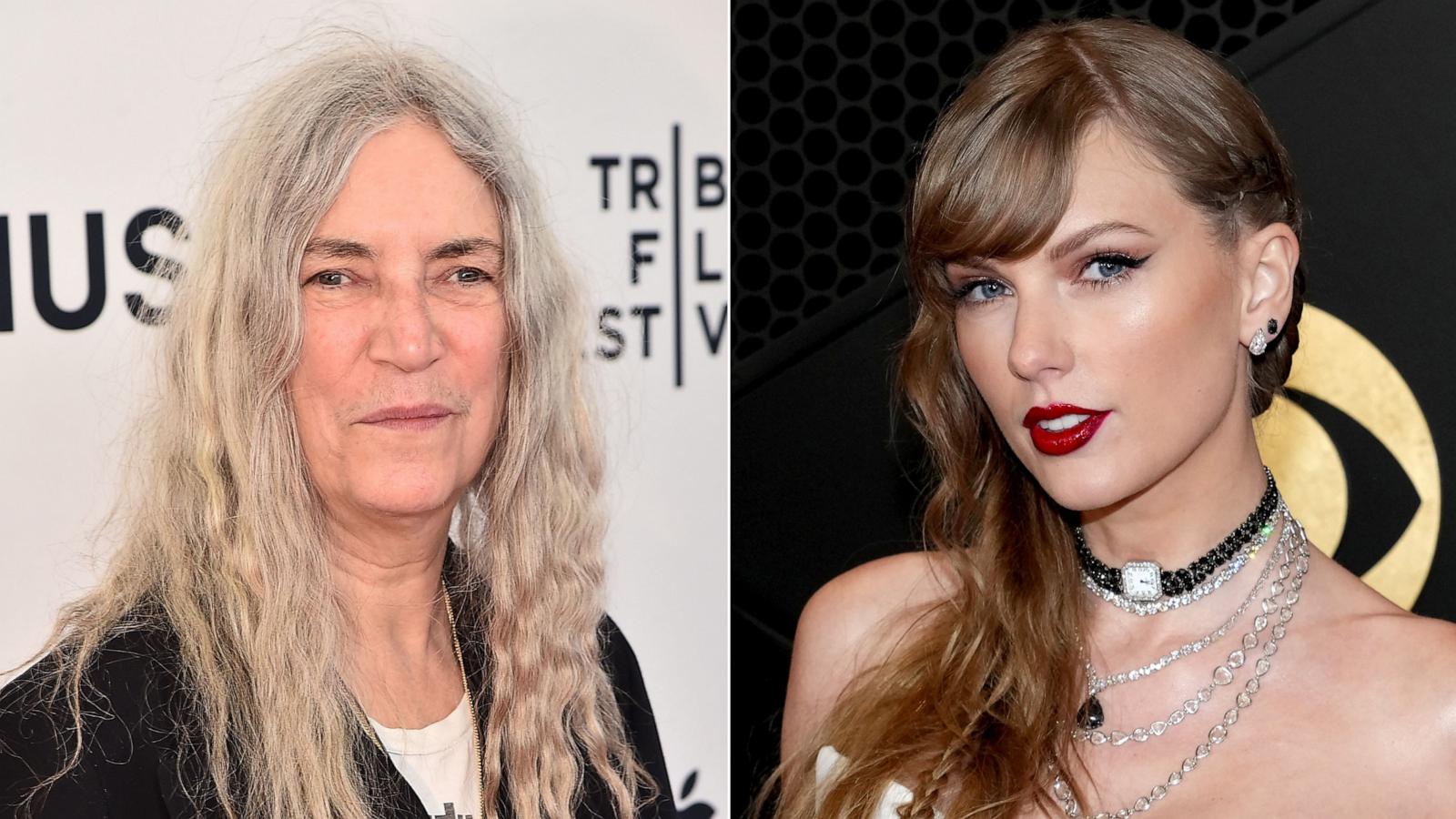 PHOTO: Patti Smith attends "Horses: Patti Smith and Her Band" - 2018 Tribeca Film Festival at Beacon Theatre on April 23, 2018 in New York City, and Taylor Swift attends the 66th GRAMMY Awards at Crypto.com Arena on Feb. 04, 2024 in Los Angeles.