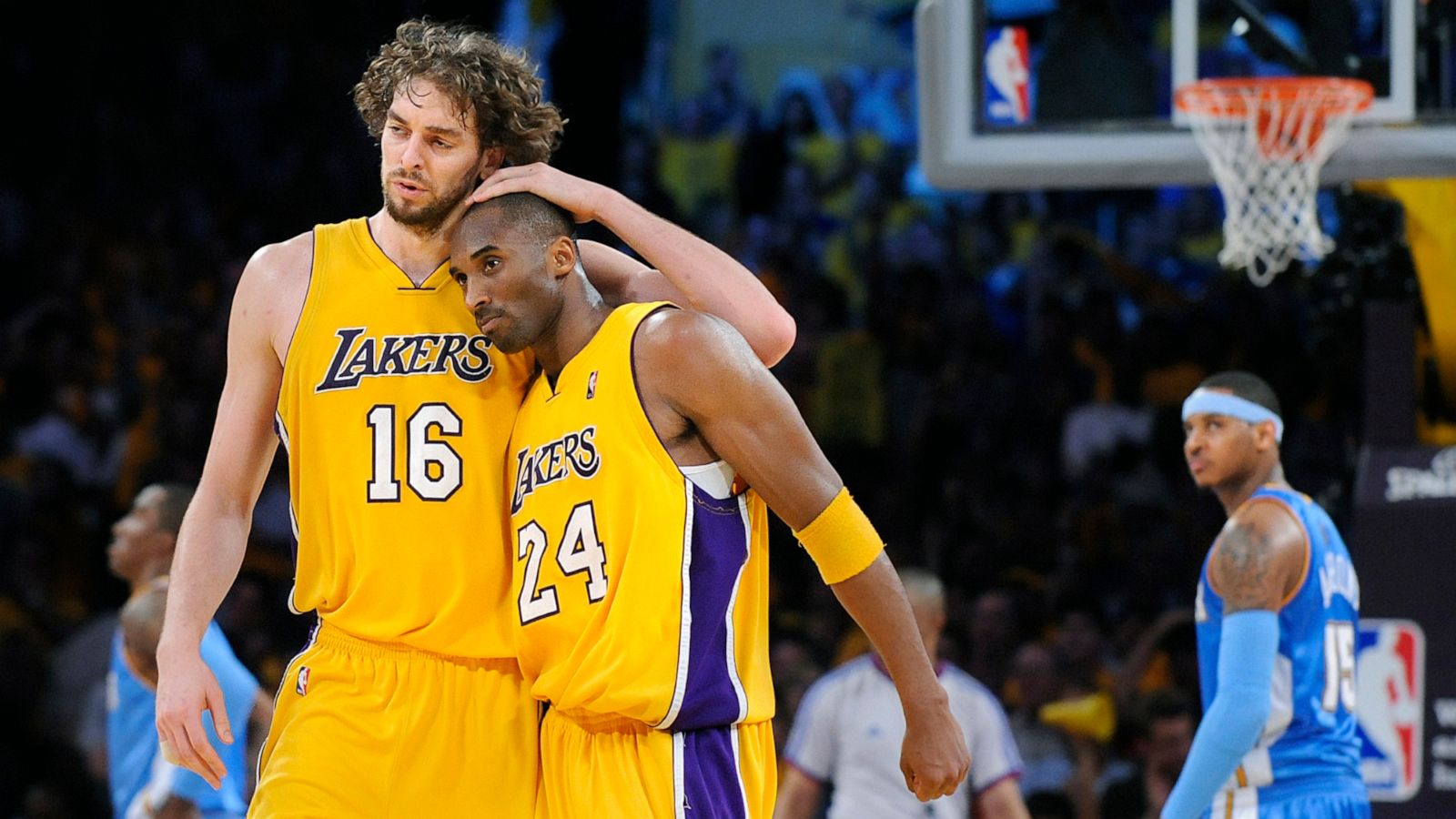 PHOTO: In this May 19, 2009, file photo, Lakers Pau Gasol hugs Kobe Bryant during Game 1 of the Western Conference Finals at the Staples Center in Los Angeles.