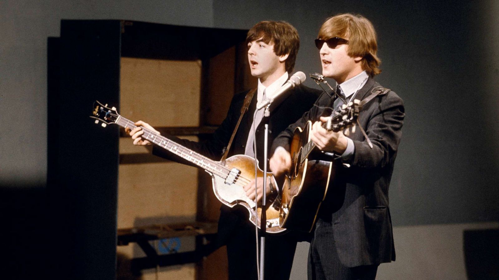 PHOTO: Photo of Beatles Paul McCartney and John Lennon at the Granville Studio performing on "Shindig," Oct. 3, 1964.