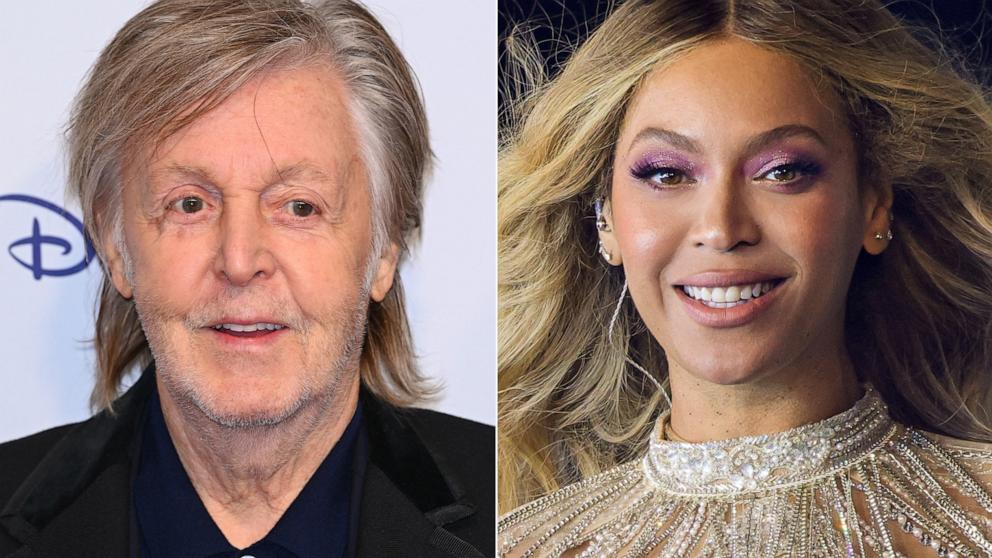 PHOTO: Split showing Sir Paul McCartney at the UK premiere of "If These Walls Could Sing" at Abbey Road Studios on Dec. 12, 2022 in London, and Beyoncé performing onstage during the “RENAISSANCE WORLD TOUR” at PGE Narodowy on June 27, 2023 in Warsaw.