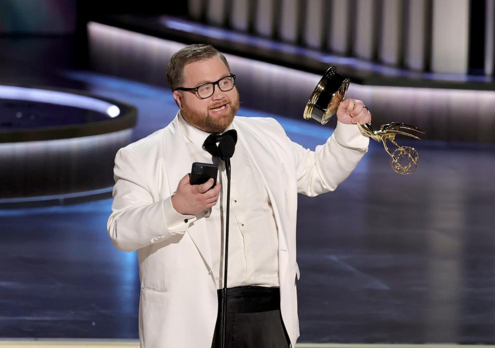 PHOTO: Paul Walter Hauser accepts the Outstanding Supporting Actor in a Limited or Anthology Series or Movie award for "Black Bird" onstage during the 75th Primetime Emmy Awards at Peacock Theater, Jan. 15, 2024, in Los Angeles.