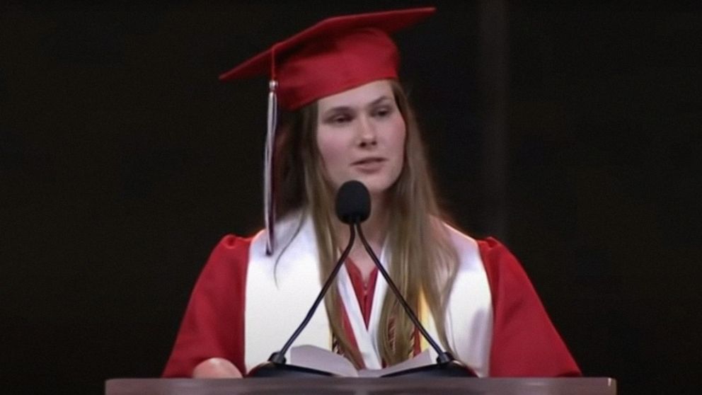 PHOTO: Lake Highlands Highschool valedictorian Paxton Smith is pictured delivering the commencement speech to her graduating class on May 30, 2021, in Dallas, in an image posted to YouTube by WFAA.