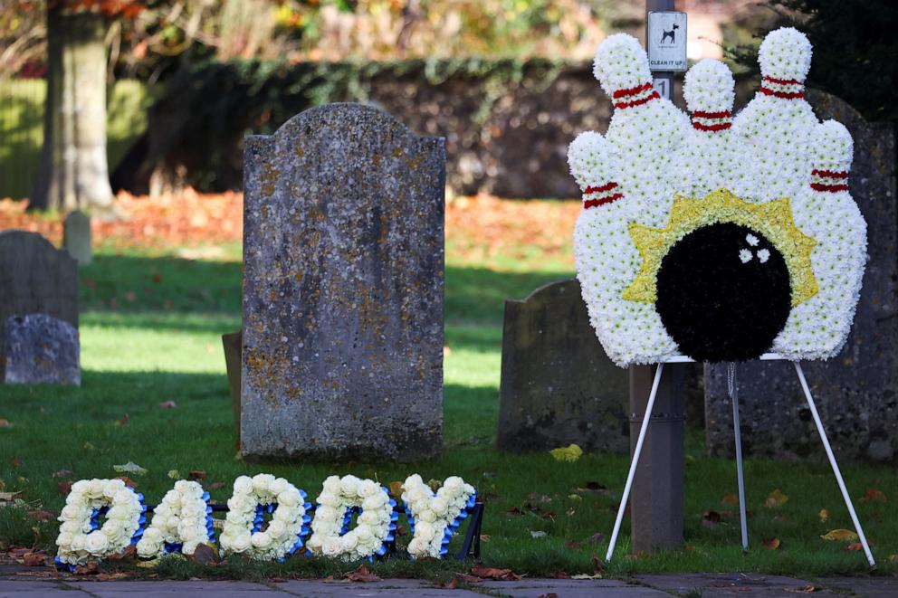 PHOTO: Themed floral tributes for former One Direction singer Liam Payne are seen outside St. Mary's Church on the day of his funeral, in Amersham, near London, November 20, 2024.