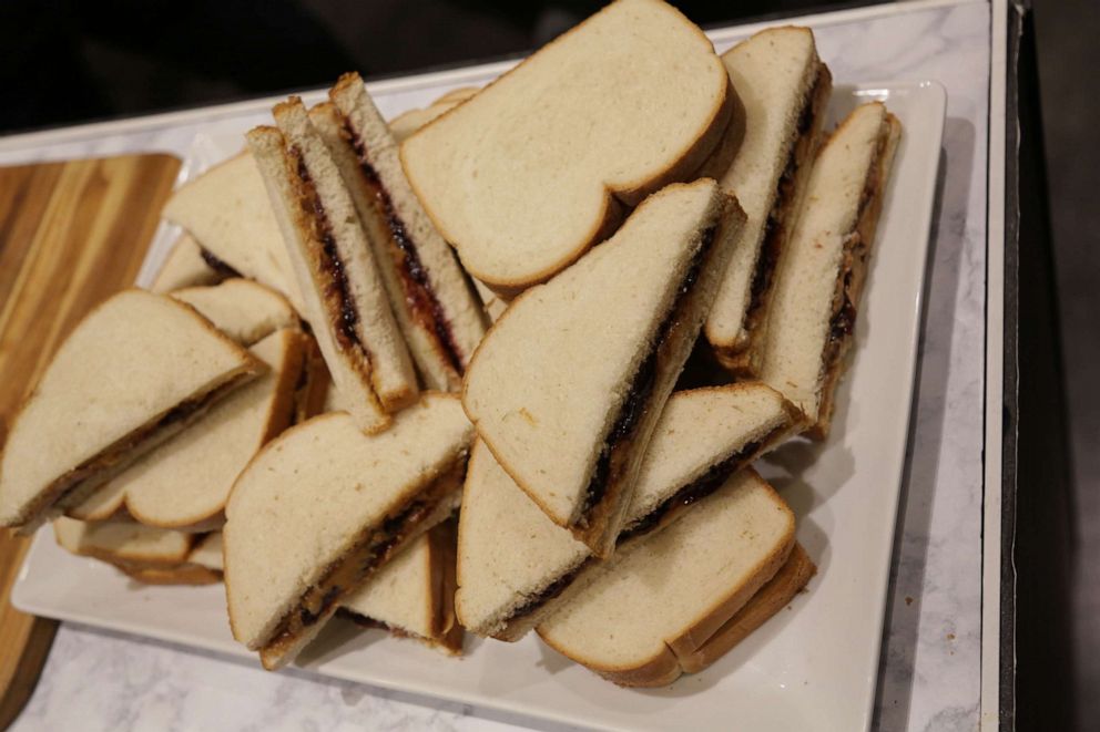 PHOTO: Classic peanut butter and jelly sandwiches cut diagonally.