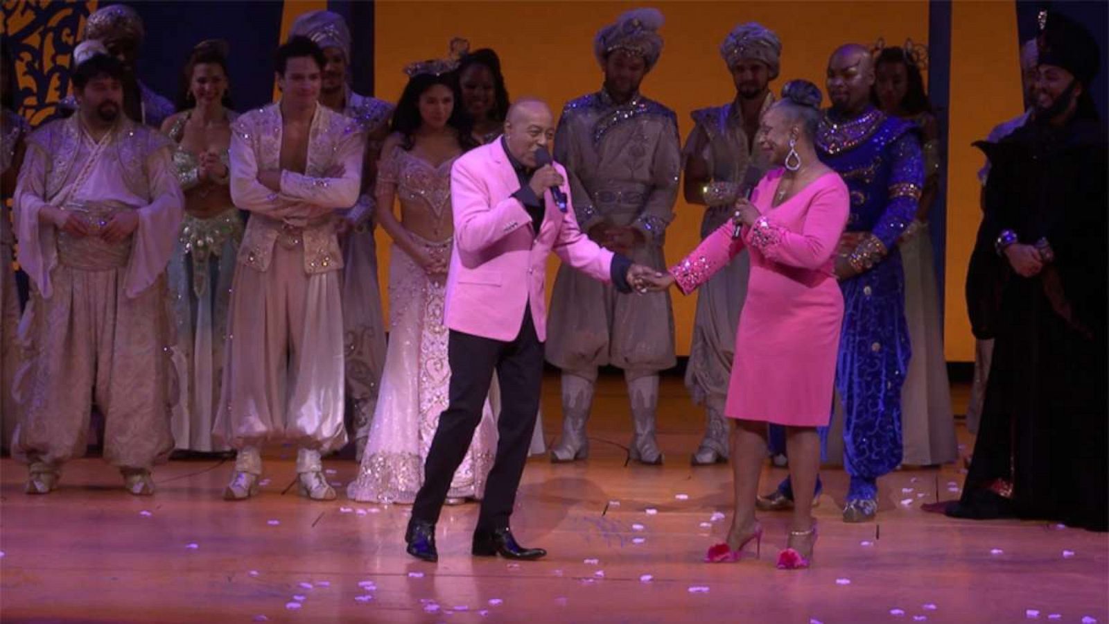 PHOTO: Peabo Bryson and Regina Belle reunited to sing their hit single 'A Whole New World' at the Broadway production of Aladdin.