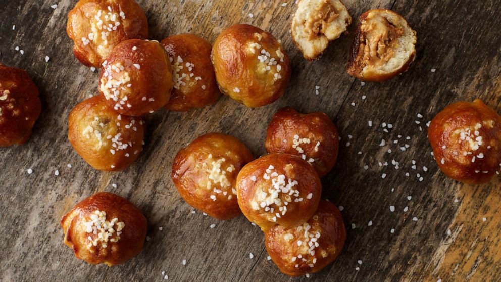 Nut butter-filled soft pretzel bites.