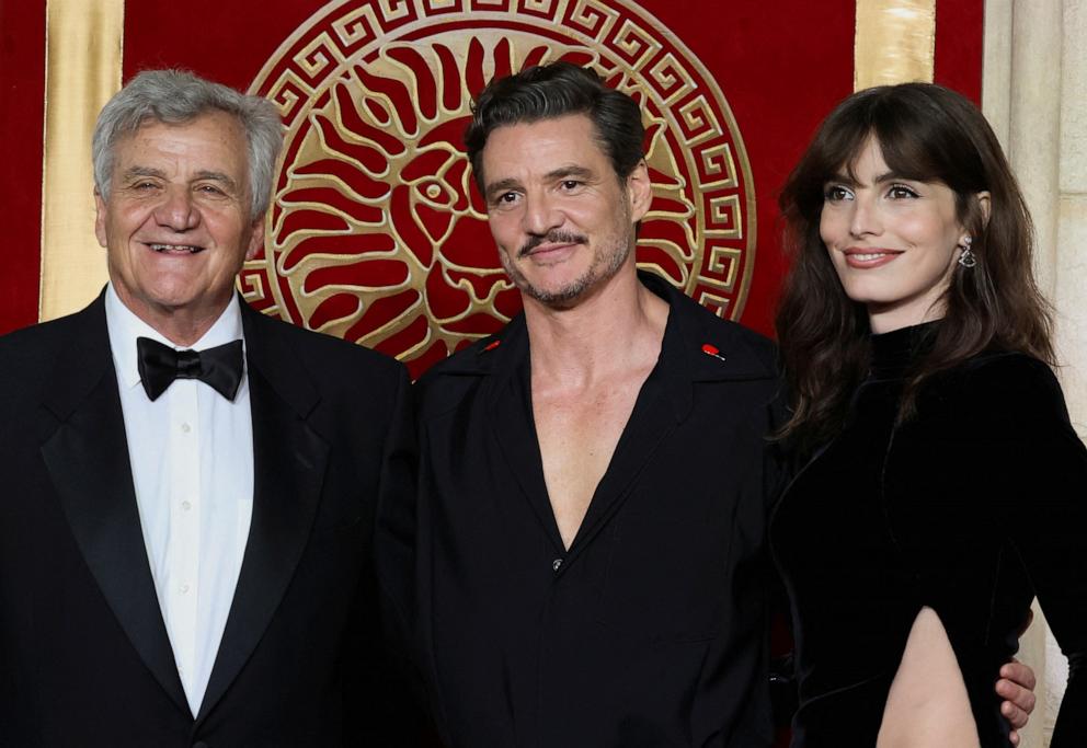 PHOTO: José Balmaceda Riera, left, Pedro Pascal, center, and Lux Pascal attend the global premiere of 'Gladiator II,' Nov. 13, 2024, in London.