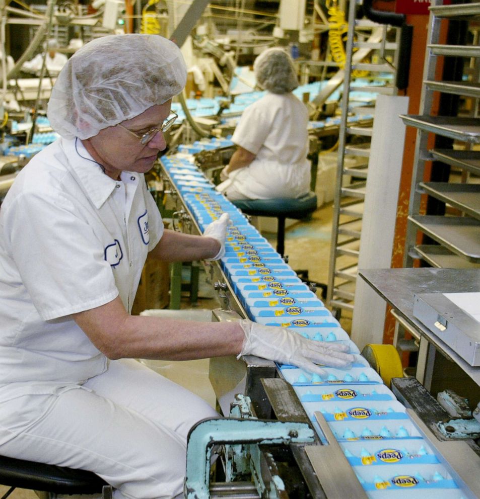 PHOTO: A worker inspects the packaging of Marshmallow Peeps at Just Born, Inc. in Bethlehem, Pa., March 29, 2004.