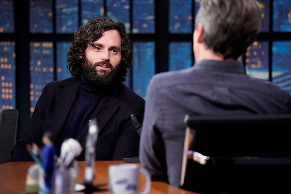 PHOTO: Actor Penn Badgley during an interview with host Seth Meyers, Feb. 9, 2023, in New York.