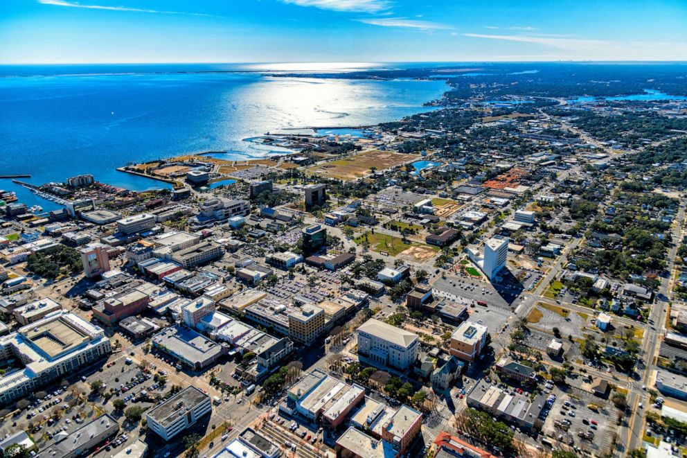 PHOTO: Aerial view of downtown Pensacola, Florida from an altitude of about 500 feet during a helicopter photo flight.