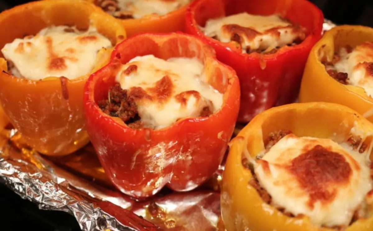 PHOTO: Italian stuffed peppers with sausage and cheese.